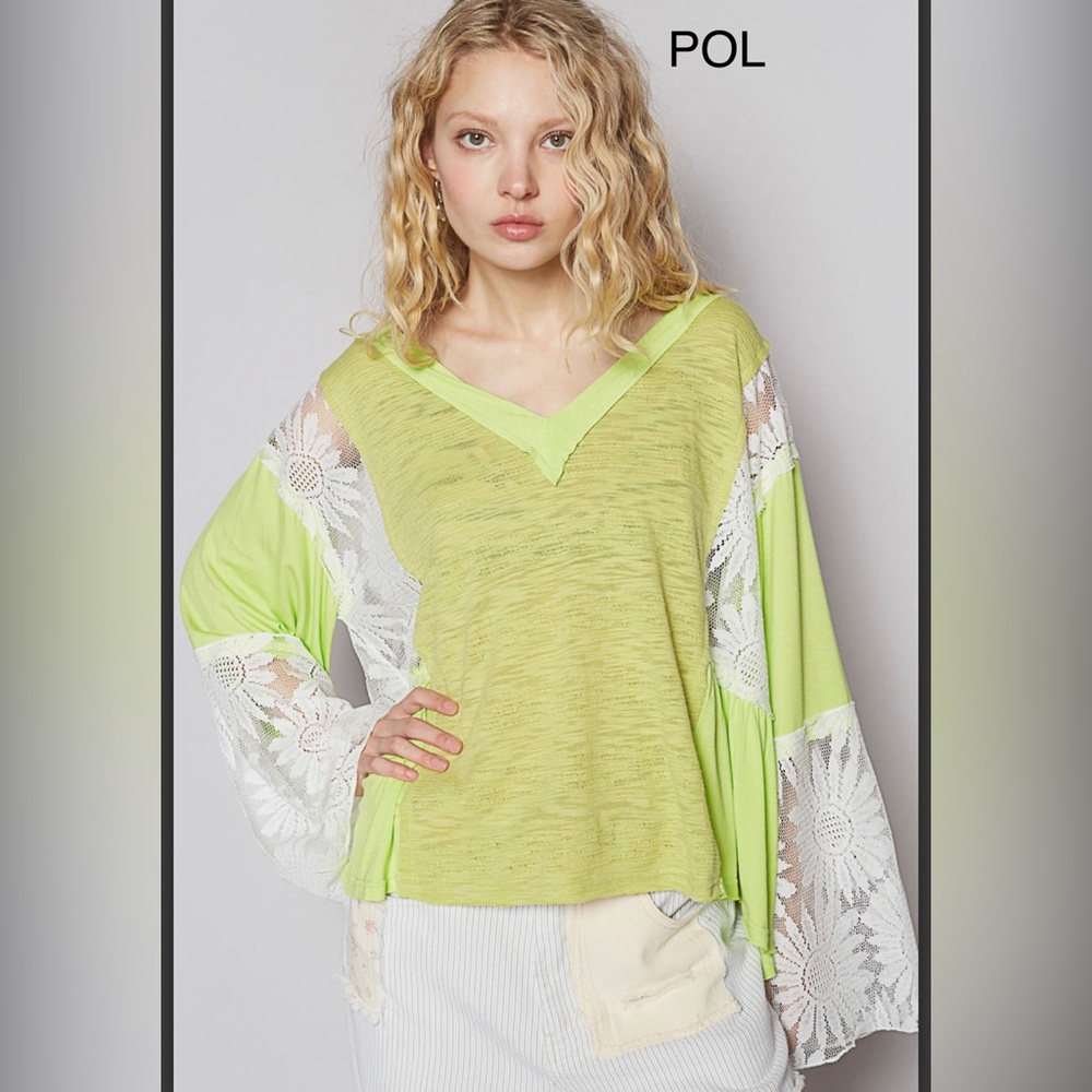 79. NWT POL Multi-color Neon Green and White Lace Blouse